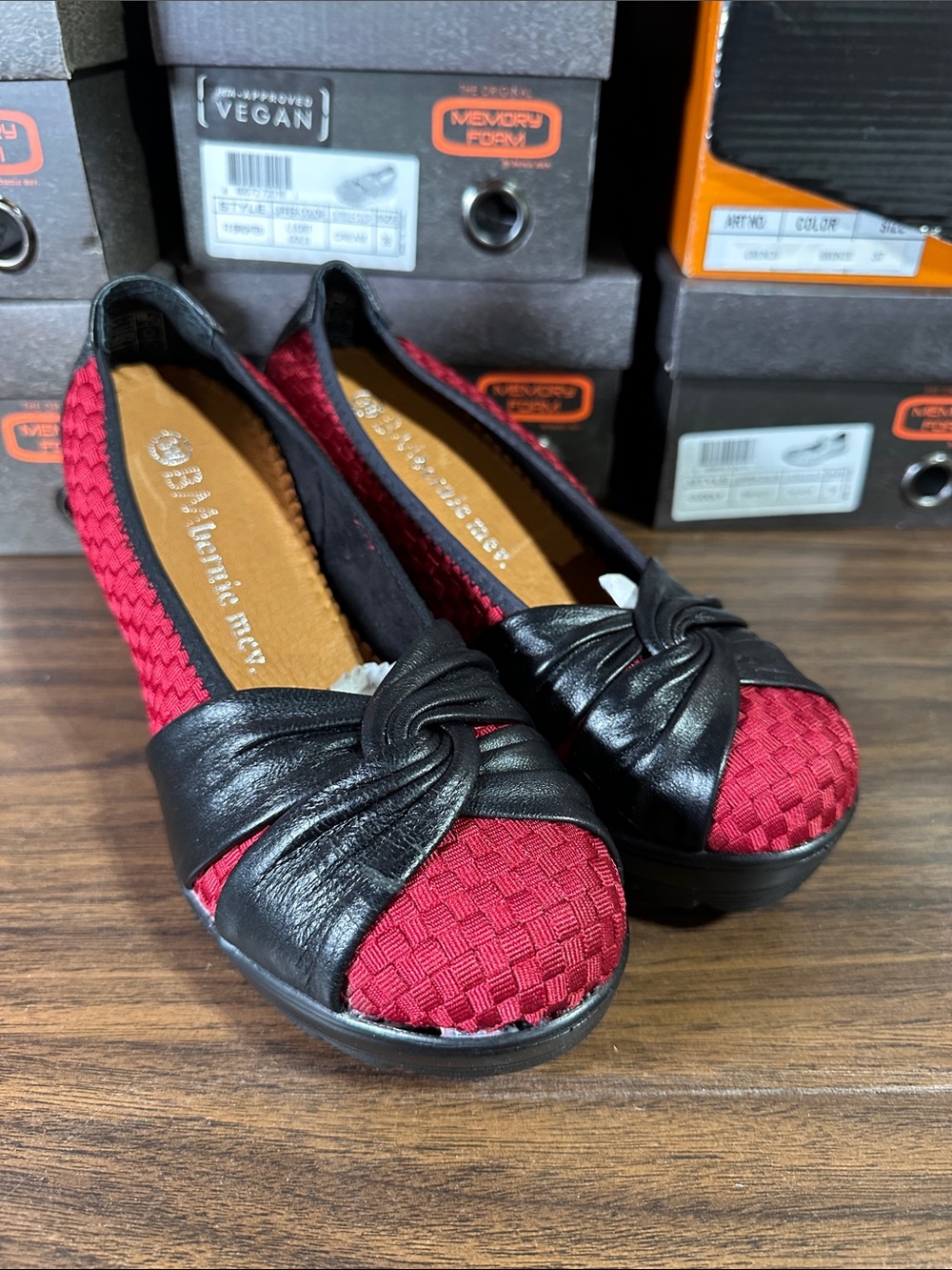 bernie mev. Red and Black Knotted Woven Ballet Wedges. New